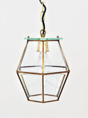 Lampada a sospensione a lanterna nello stile di Fontana Arte, ottone e vetro sfaccettato, Italia, anni 1940
