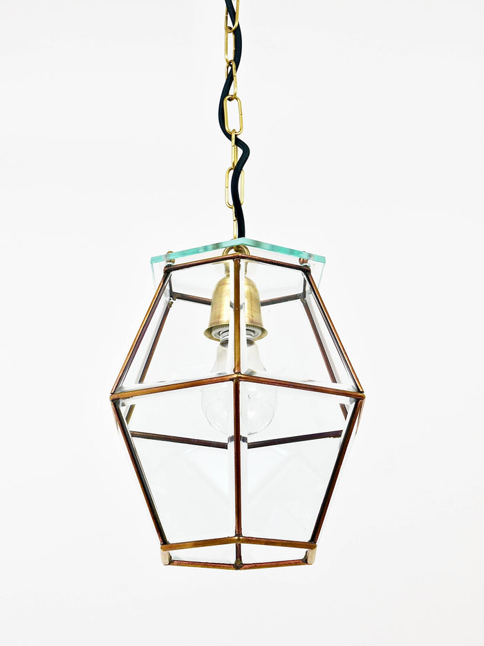 Fontana Arte Style Pendant Lamp Lantern, Brass & Facetted Glass, Italy, 1940s