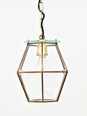 Lampada a sospensione a lanterna nello stile di Fontana Arte, ottone e vetro sfaccettato, Italia, anni 1940