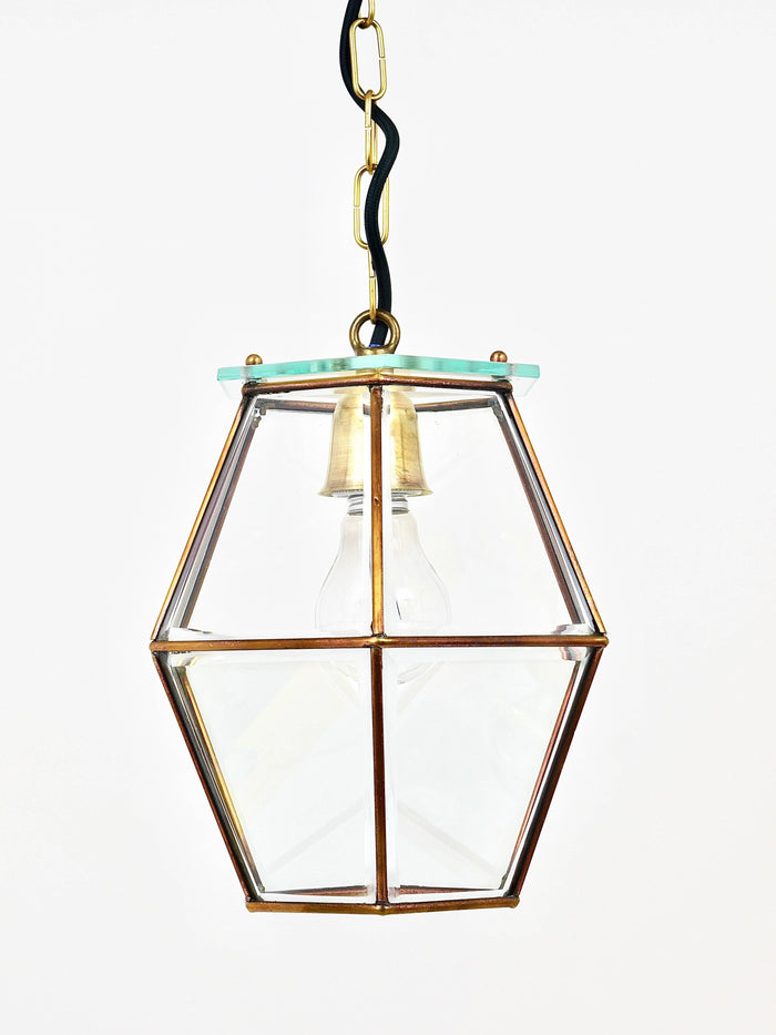 Fontana Arte Style Pendant Lamp Lantern, Brass & Facetted Glass, Italy, 1940s