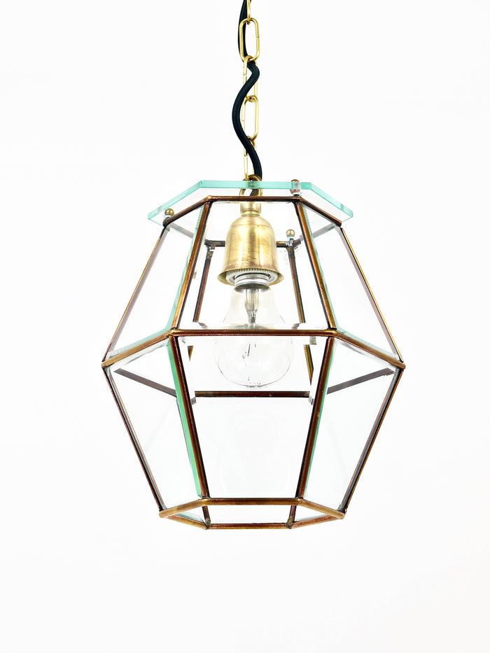 Fontana Arte Style Pendant Lamp Lantern, Brass & Facetted Glass, Italy, 1940s
