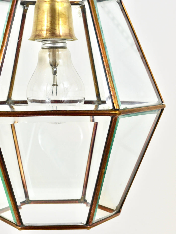 Fontana Arte Style Pendant Lamp Lantern, Brass & Facetted Glass, Italy, 1940s