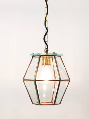 Lampada a sospensione a lanterna nello stile di Fontana Arte, ottone e vetro sfaccettato, Italia, anni 1940