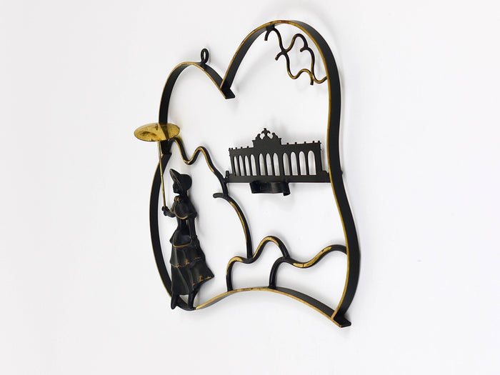 Walter Bosse Woman in Biedermeier Dress Brass Wall Sculpture, Austria, 1950s