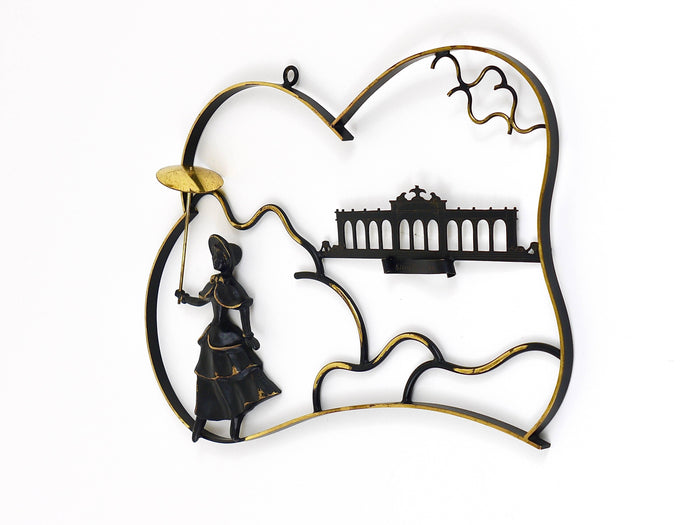 Walter Bosse Woman in Biedermeier Dress Brass Wall Sculpture, Austria, 1950s