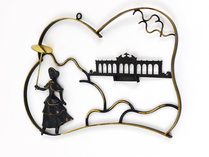 Walter Bosse Woman in Biedermeier Dress Brass Wall Sculpture, Austria, 1950s
