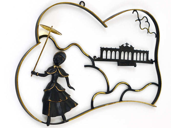 Walter Bosse Woman in Biedermeier Dress Brass Wall Sculpture, Austria, 1950s