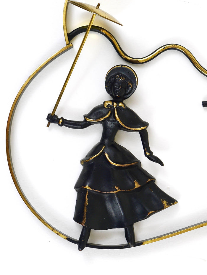 Walter Bosse Woman in Biedermeier Dress Brass Wall Sculpture, Austria, 1950s