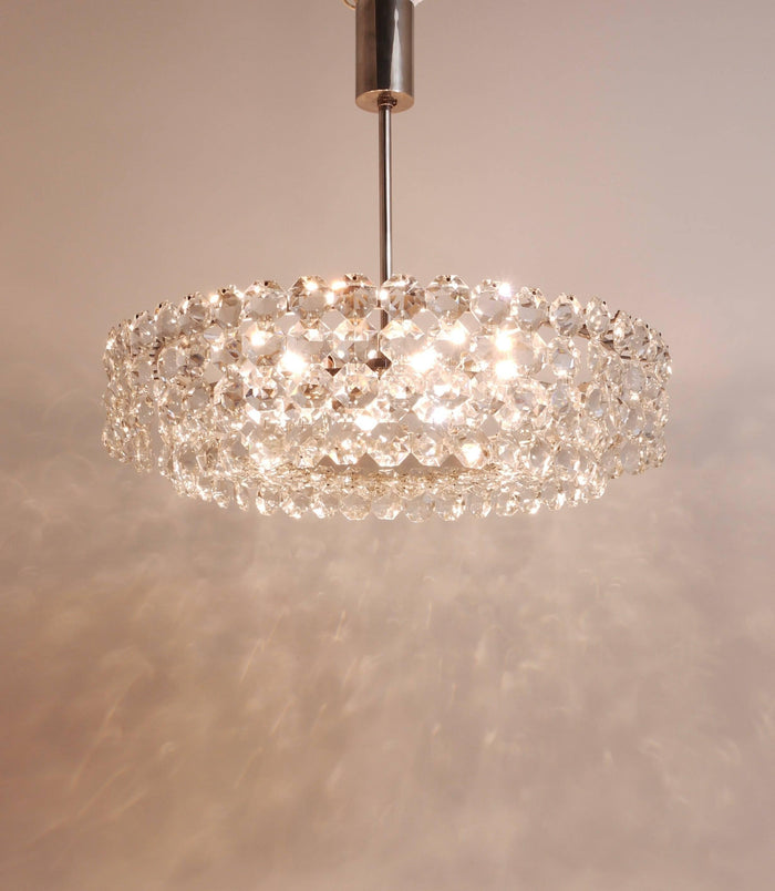 Bakalowits Large Nickel & Glass Chandelier with Diamond-Shaped Crystals, 1960s