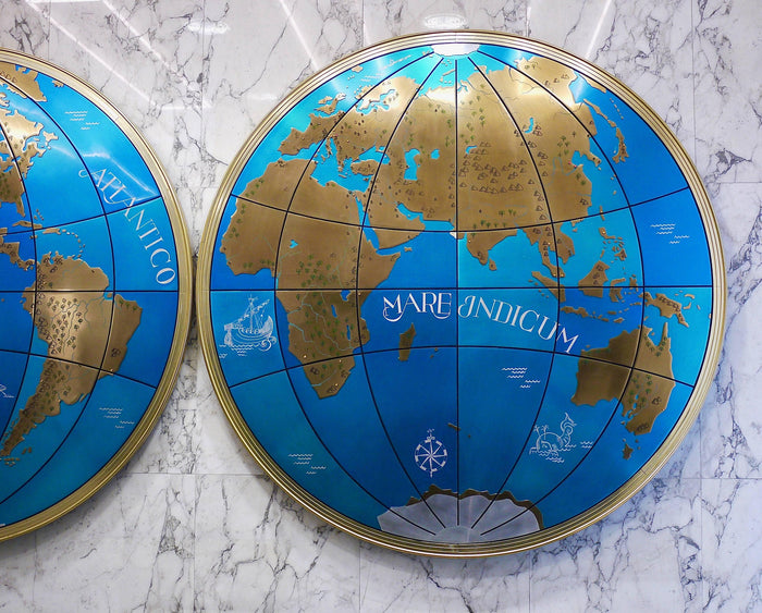 Two Impressive Huge Midcentury World Map Wall Globes, 95" Diameter, 1950s