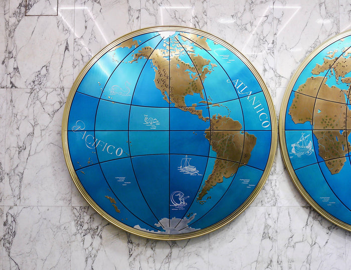 Two Impressive Huge Midcentury World Map Wall Globes, 95" Diameter, 1950s