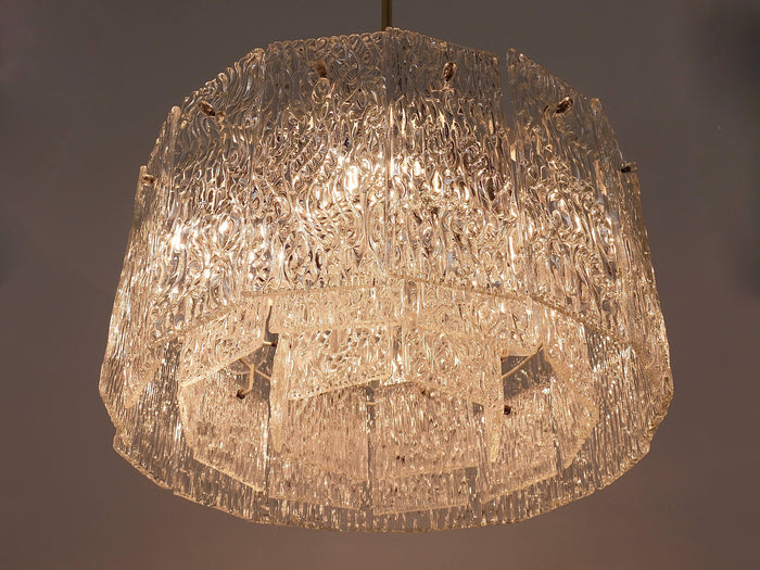 Kalmar Vienna Two Tambour Drum Brass & Glass Midcentury Chandeliers, 1960s