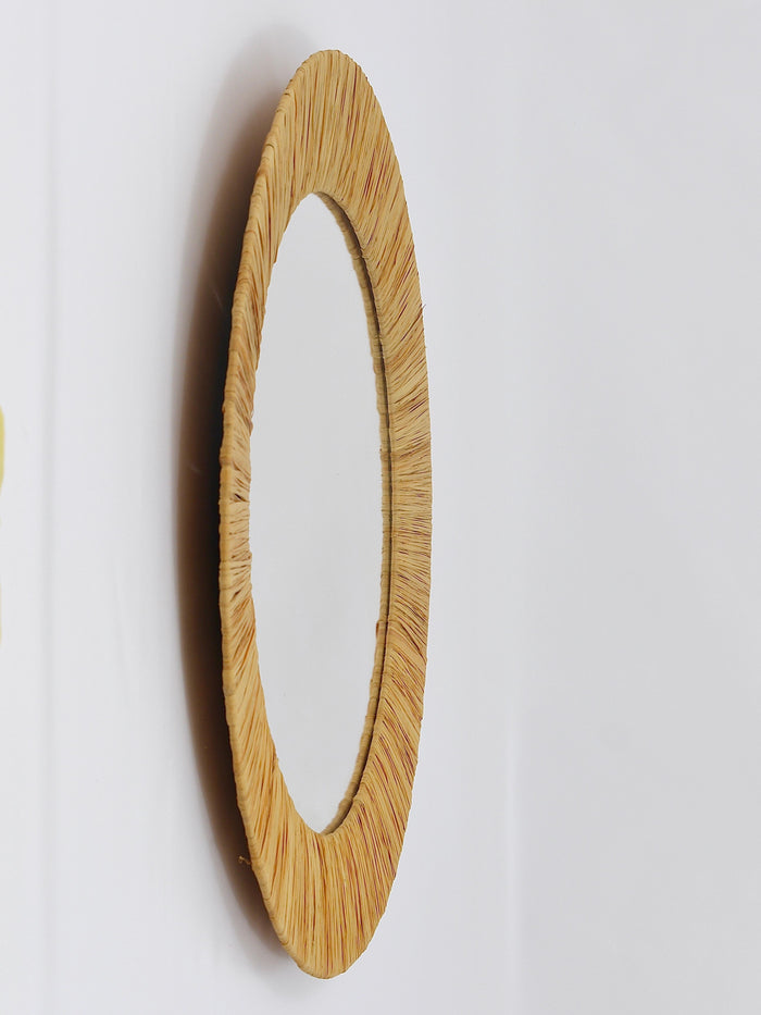 Italian Riviera Raffia Midcentury Round Wall Mirror with Bast Frame, 1950s