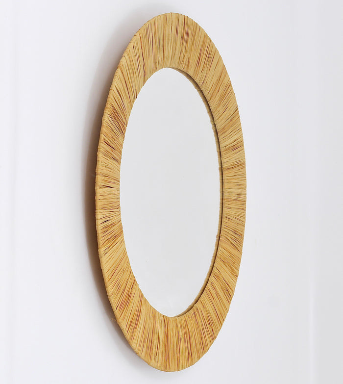 Italian Riviera Raffia Midcentury Round Wall Mirror with Bast Frame, 1950s