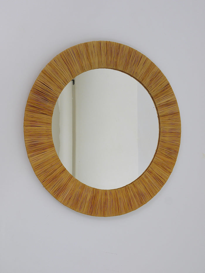 Italian Riviera Raffia Midcentury Round Wall Mirror with Bast Frame, 1950s