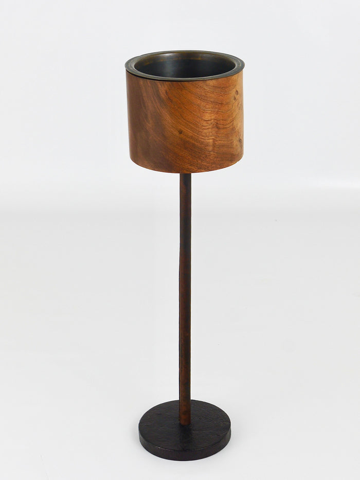 Carl Aubock Modernist Walnut Leather Candlestick Candle Holder, Austria, 1950s