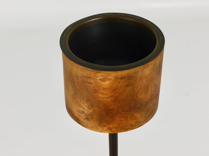Carl Aubock Modernist Walnut Leather Candlestick Candle Holder, Austria, 1950s