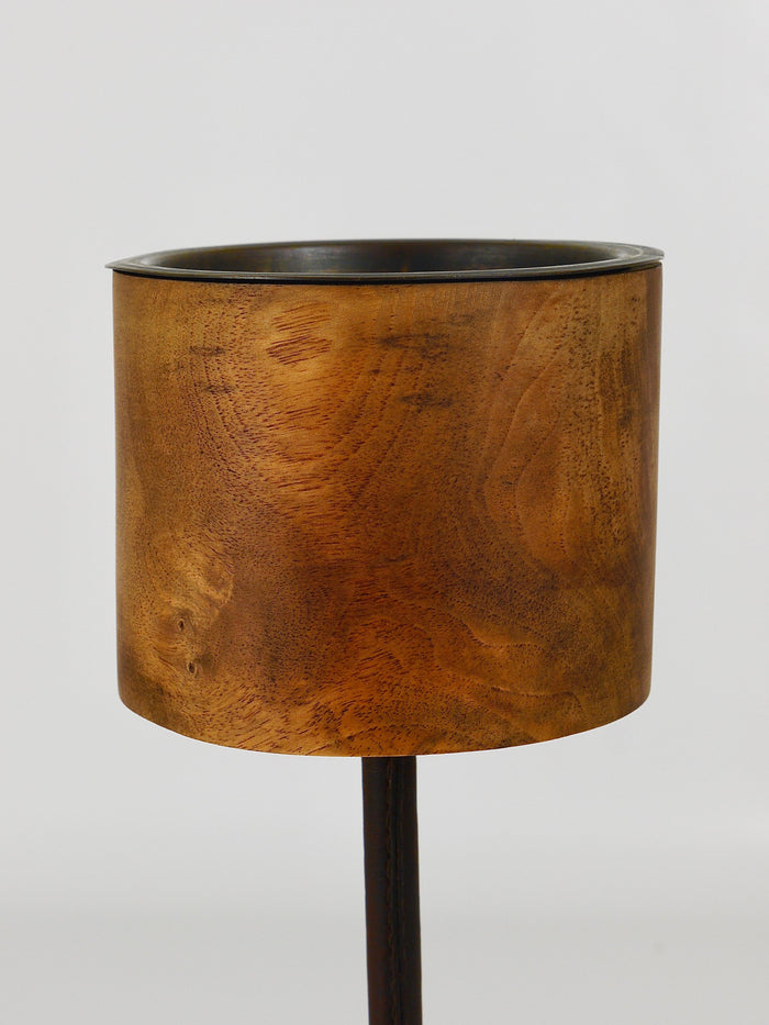 Carl Aubock Modernist Walnut Leather Candlestick Candle Holder, Austria, 1950s
