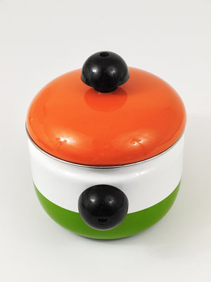 Carl Aubock Enameled Pot with Lid by Riess, Orange, White, Green, Austria, 1970s