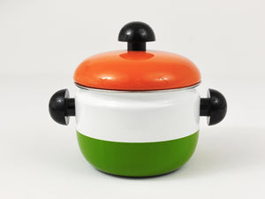 Carl Aubock Enameled Pot with Lid by Riess, Orange, White, Green, Austria, 1970s