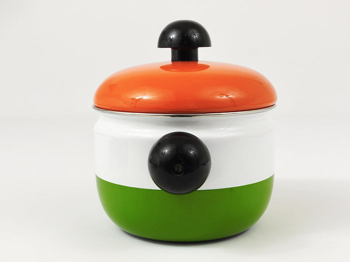Carl Aubock Enameled Pot with Lid by Riess, Orange, White, Green, Austria, 1970s