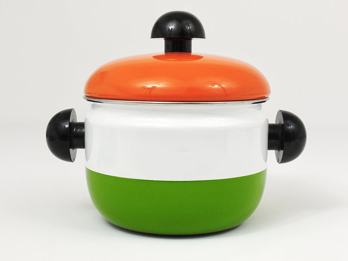 Carl Aubock Enameled Pot with Lid by Riess, Orange, White, Green, Austria, 1970s