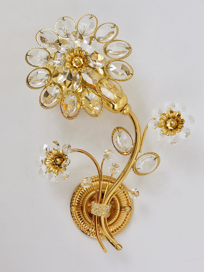 Pair of Ernst Palme Gilt Brass Crystal Flower Wall Lights, Palwa Germany, 1970s