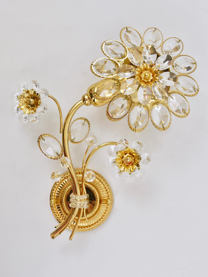 Pair of Ernst Palme Gilt Brass Crystal Flower Wall Lights, Palwa Germany, 1970s