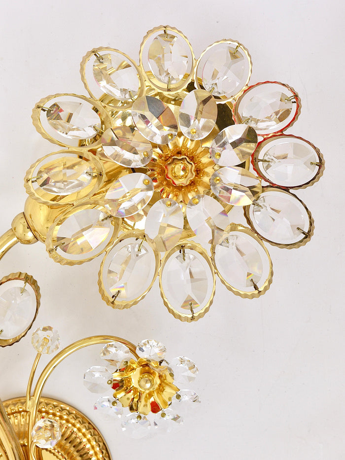 Pair of Ernst Palme Gilt Brass Crystal Flower Wall Lights, Palwa Germany, 1970s