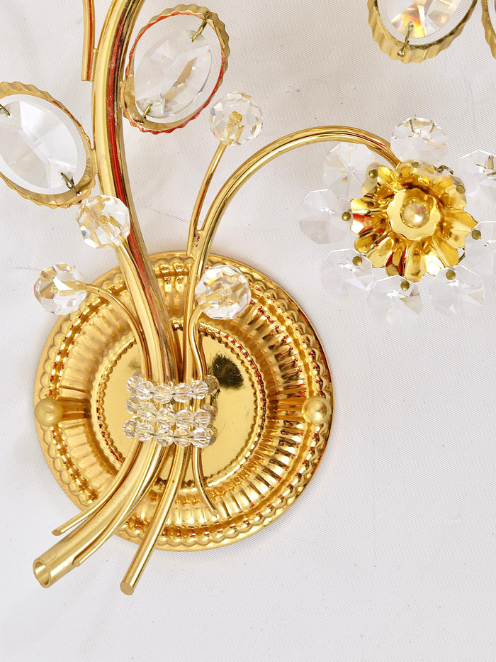 Pair of Ernst Palme Gilt Brass Crystal Flower Wall Lights, Palwa Germany, 1970s