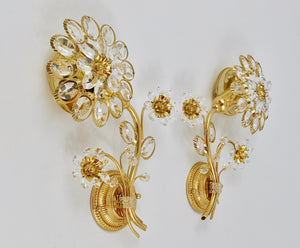 Par de apliques de pared de flores en latón dorado y cristal de Ernst Palme, Palwa Alemania, años 70