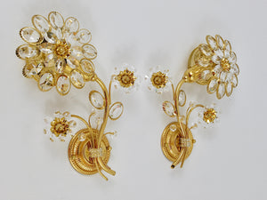 Par de apliques de pared de flores en latón dorado y cristal de Ernst Palme, Palwa Alemania, años 70