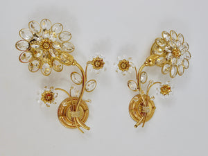 Par de apliques de pared de flores en latón dorado y cristal de Ernst Palme, Palwa Alemania, años 70