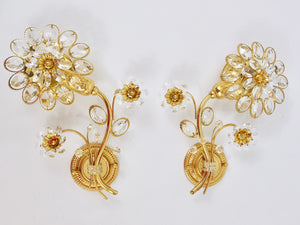 Par de apliques de pared de flores en latón dorado y cristal de Ernst Palme, Palwa Alemania, años 70