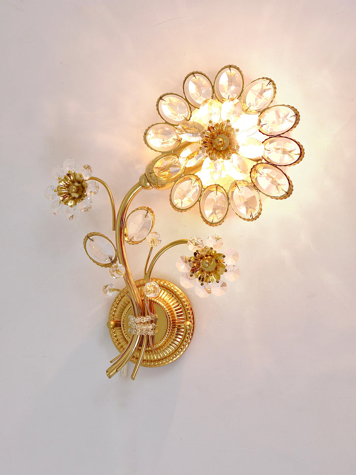 Pair of Ernst Palme Gilt Brass Crystal Flower Wall Lights, Palwa Germany, 1970s