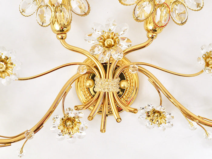 Big Ernst Palme Flowers Brass & Crystals Flower Wall Light Sconce, Palwa, 1970s