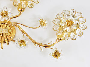 Big Ernst Palme Flowers Brass & Crystals Flower Wall Light Sconce, Palwa, 1970s
