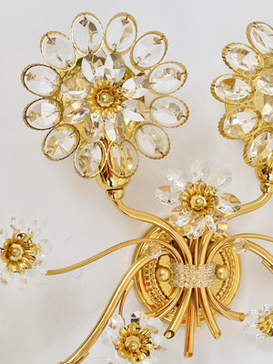 Big Ernst Palme Flowers Brass & Crystals Flower Wall Light Sconce, Palwa, 1970s