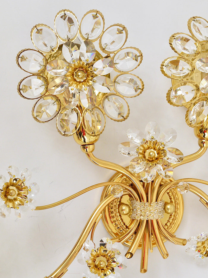 Big Ernst Palme Flowers Brass & Crystals Flower Wall Light Sconce, Palwa, 1970s