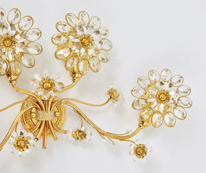 Big Ernst Palme Flowers Brass & Crystals Flower Wall Light Sconce, Palwa, 1970s