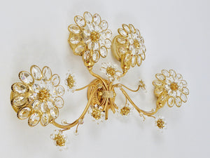 Big Ernst Palme Flowers Brass & Crystals Flower Wall Light Sconce, Palwa, 1970s