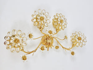 Big Ernst Palme Flowers Brass & Crystals Flower Wall Light Sconce, Palwa, 1970s