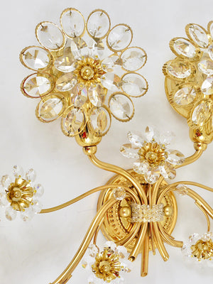 Big Ernst Palme Flowers Brass & Crystals Flower Wall Light Sconce, Palwa, 1970s