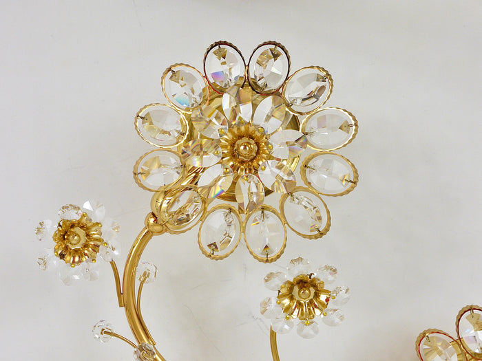 Big Ernst Palme Flowers Brass & Crystals Flower Wall Light Sconce, Palwa, 1970s