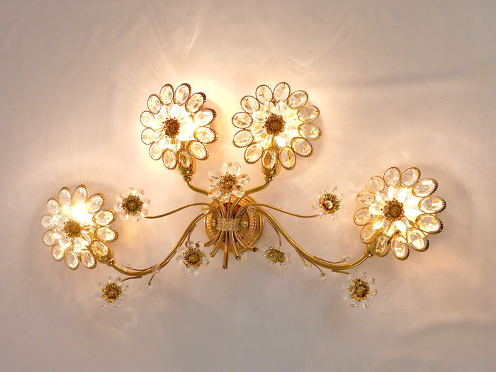 Big Ernst Palme Flowers Brass & Crystals Flower Wall Light Sconce, Palwa, 1970s