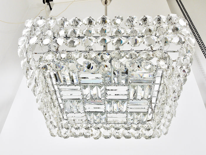Large Square Bakalowits Chandelier with Diamond-Shaped Crystals, Austria, 1950s