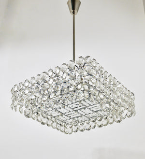 Grand lustre carré Bakalowits avec cristaux en forme de diamant, Autriche, années 1950