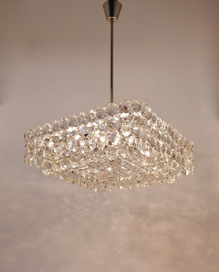 Large Square Bakalowits Chandelier with Diamond-Shaped Crystals, Austria, 1950s