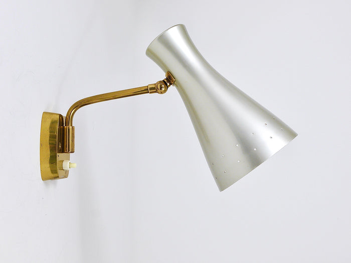 Stilnovo Style Pair Articulating Conical Brass Sconces, Wall Lights Italy, 1950s