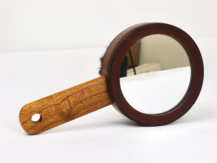 Carl Aubock Walnut & Leather Hand Mirror & Clothes Brush, Austria, 1950s